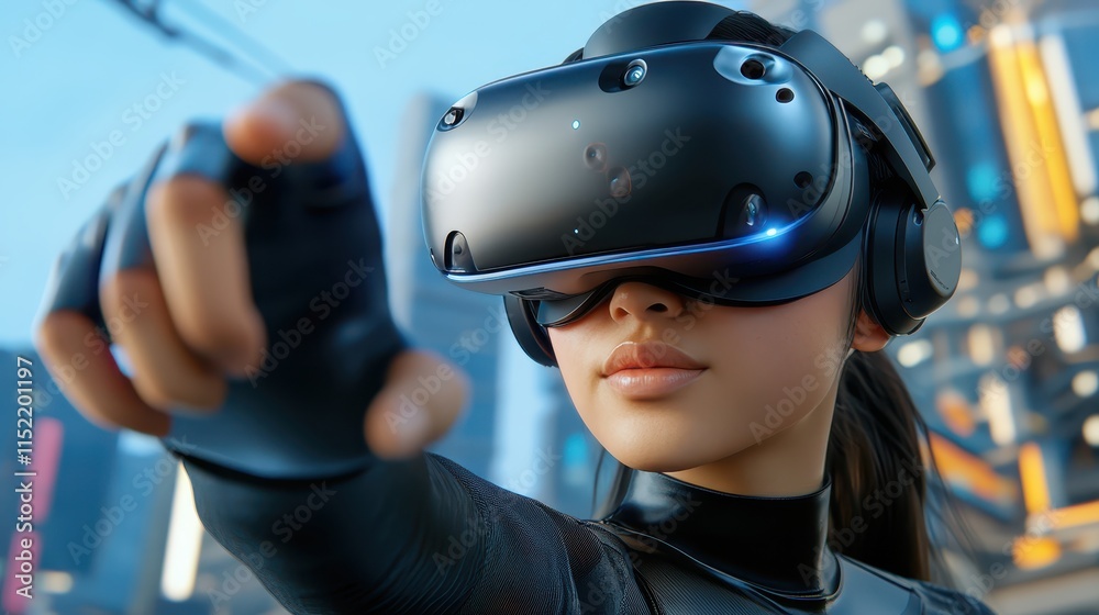 Woman immersed in virtual reality, exploring digital world through ...