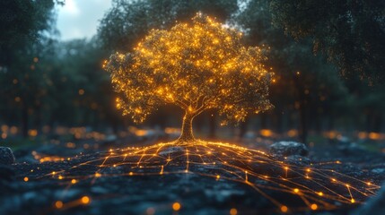 Aufkleber - A stunning tree emanates warm golden lights, creating an enchanting atmosphere in a peaceful forest as day transitions to night. The surrounding ground features intricate glowing patterns.
