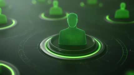 Poster - illuminated green button, symbol of power and activation in electronic devices