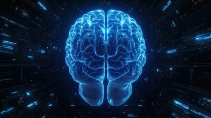 Poster - Glowing blue human brain, digital technology background.