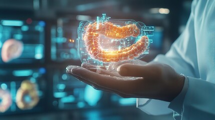 Poster - Doctor Holding Virtual Intestine Model in Hand with Advanced Technology