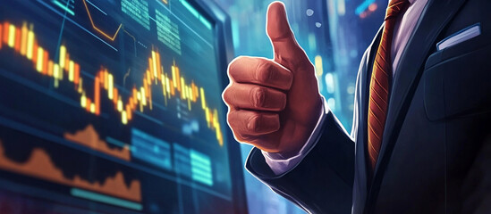Businessman pointing at an upward graph on a digital screen with a thumbs-up gesture, indicating