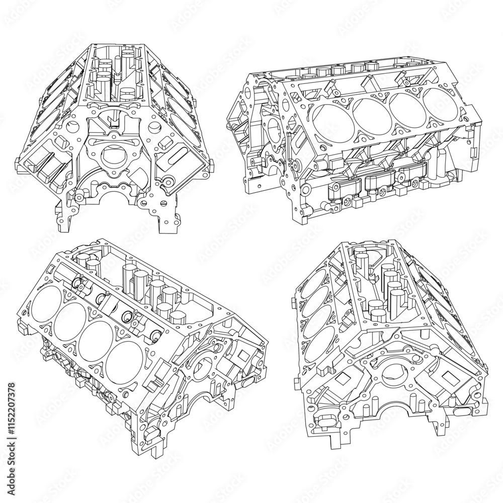 Engine block sketch. Vector illustration. Wire-frame style. The layers ...