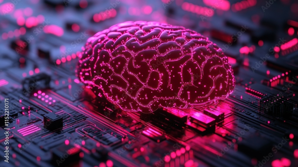 Glowing brain model on a circuit board, representing artificial ...