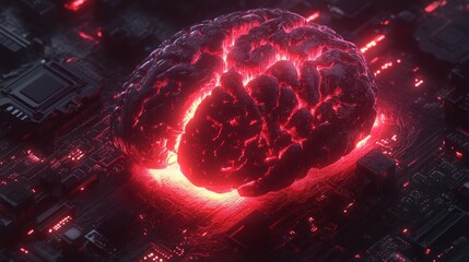 Poster - Glowing brain on a circuit board, representing AI, intelligence, and technology.