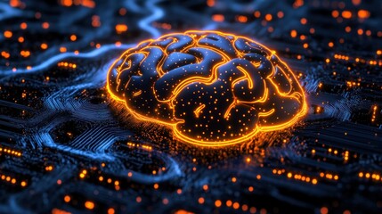 Poster - Glowing brain on circuit board, representing AI, neural networks, and technology.