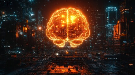 Poster - Glowing brain over futuristic city at night.