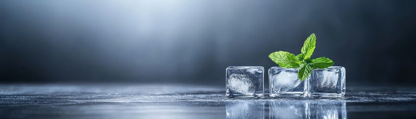 Wall Mural - three ice cubes with mint on dark background, refreshing image of coolness