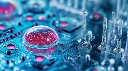 Aufkleber - Close-up of a vibrant electronic circuit board, showcasing a droplet of bio matter alongside intricate circuitry and microstructures.