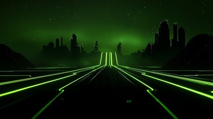 Wall Mural - Futuristic green neon city highway at night.