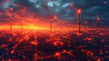 Aufkleber - A breathtaking sunset illuminates a landscape of wind turbines, surrounded by swirling lights. The scene captures the beauty of renewable energy against a dramatic sky.