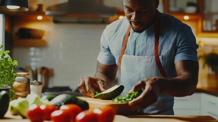 Wall Mural - An African American man is chopping herbs while preparing fresh avocado and tomatoes on a cutting board. cooking, preparing, vegetables, kitchen, materials, and health