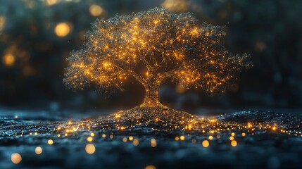 Fototapete - A captivating tree glows with bright golden lights, standing in a tranquil forest at twilight. The surrounding area shimmers with soft lights, enhancing the enchanting ambiance.