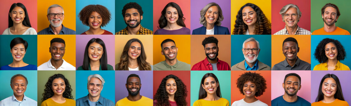 Composite portrait image of 27 smiling people of different races, with different colored backgrounds, arranged in a headshot-sized collage.
