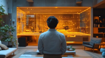 Poster - A person stands in a modern living room, gazing at a holographic 3D architectural model. The warm lighting and sleek furniture create a cozy atmosphere.