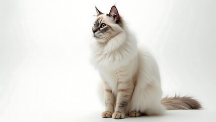 A fluffy cat sitting gracefully against a white background.