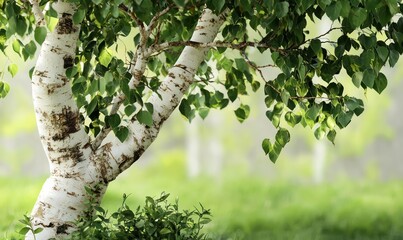 Paper birch tree with green surroundings, detailed view in natural light