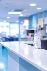 Wall Mural - Empty white reception desk in a bright, clean medical office interior with a defocused background.