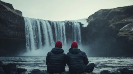 Two people wearing red beanies enjoying scenic waterfall view in tranquil landscape.