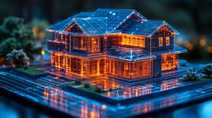 Aufkleber - A detailed architectural model represents a modern house with glowing lines and structures, set outdoors during twilight. The intricate design features sharp angles and dynamic forms.