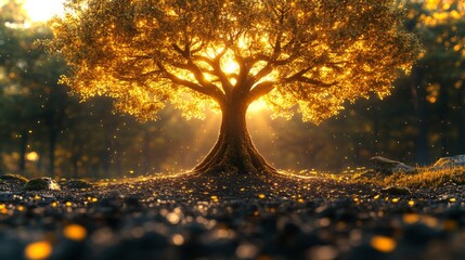 Aufkleber - Sunlight bathes a large tree, illuminating its golden leaves in a peaceful forest setting. The ground is covered with fallen leaves, creating a serene atmosphere.