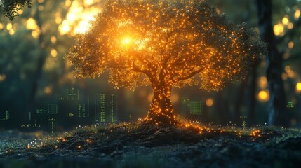 Aufkleber - A large tree with glowing leaves stands in a serene forest, bathed in warm sunlight.