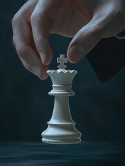 Poster - hand of confident businessman use king chess piece white playing chess game to development analysis 