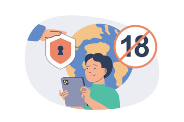 Poster - Internet cyber safety for kids web concept with flat cartoon people for website design.