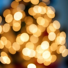 Blurred golden bokeh lights, soft focus holiday illumination, warm glowing orbs, festive Christmas atmosphere, abstract circular light patterns, defocused twinkling lights, magical evening ambiance, s