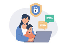 Internet cyber safety for kids web concept with flat cartoon people for website design.