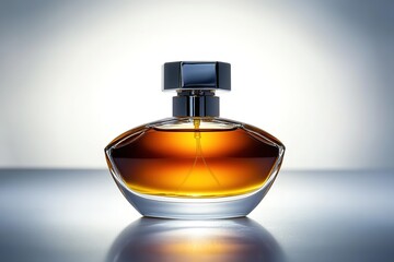 Poster - sleek perfume bottle with metallic cap displayed on smooth white surface under soft directional lighting