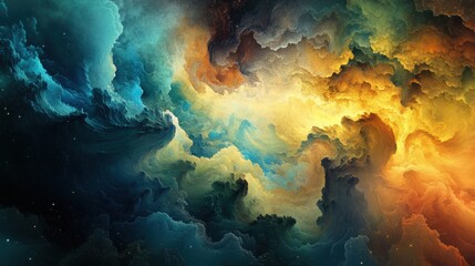 Wall Mural - Colorful abstract cloud resembling a nebula with vibrant blue, yellow, and orange hues