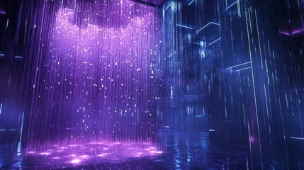 Purple and blue digital rain falling in futuristic city.