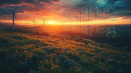 Aufkleber - A beautiful sunset paints the sky behind wind turbines. Digital data streams overlay the landscape, showcasing the intersection of nature and technology in renewable energy.