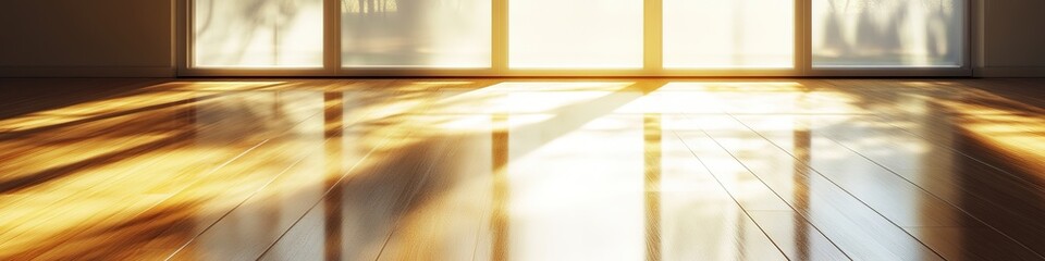 Aufkleber - natural sunlight streams through glass window casting soft reflections on wooden floor