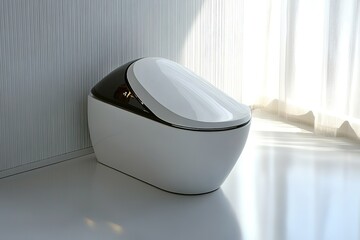 Poster - stock photo of modern toilet on white background with clean lines and minimalist design