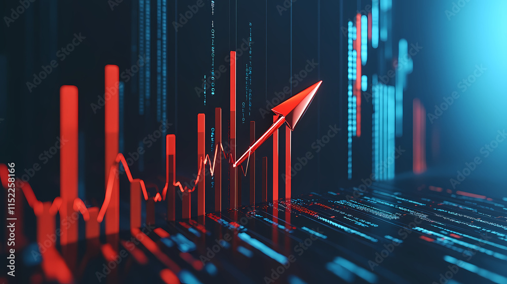 Red arrow pointing up on a blue stock market graph background with a ...