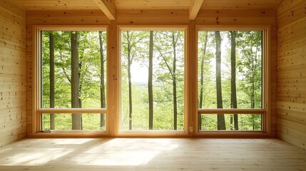 Poster - clean and serene interior of sustainable wooden cabin with large showcasing green forest view