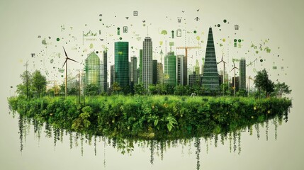 Aufkleber - A vibrant city skyline showcases modern skyscrapers surrounded by lush greenery, wind turbines, and digital eco-icons, highlighting sustainable living efforts.