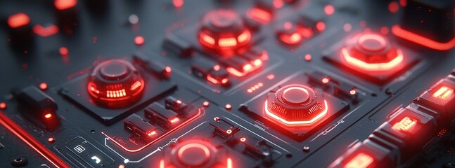 Poster - Close-up of futuristic control panel with glowing red buttons and knobs showcasing advanced technology features
