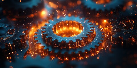 Poster - Gears in motion with sparks amidst a vibrant backdrop during an industrial process