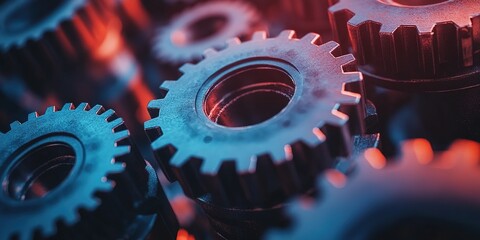 Poster - Intricate arrangement of metallic gears showcasing industrial design and craftsmanship in close-up view