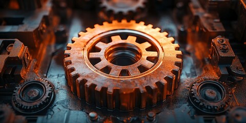 Poster - Intricate metallic gear amidst an industrial backdrop with glowing elements