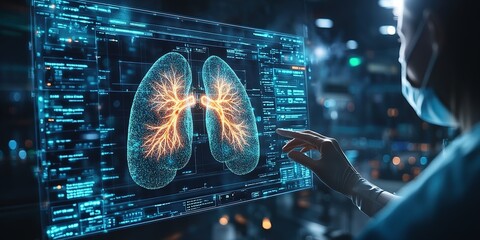 Poster - Medical professional examining digital lung model in a high-tech healthcare environment