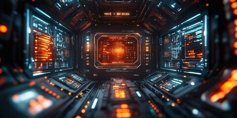 Poster - Exploring a futuristic space corridor illuminated by glowing panels and intricate technology at twilight