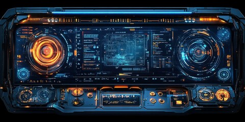 Poster - High-tech control panel displayed with glowing interfaces and intricate data visualizations in a futuristic setting