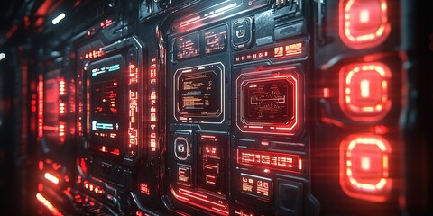 Poster - Futuristic control panel with glowing red and blue interfaces in a dark environment showcasing advanced technology