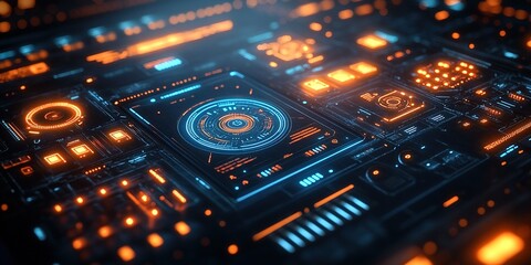Poster - Futuristic interface with glowing elements in blue and orange showcasing advanced technology display