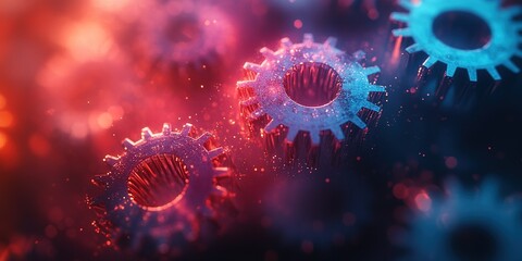 Poster - Close-up of colorful gears illuminated with vibrant lighting showcasing intricate engineering details