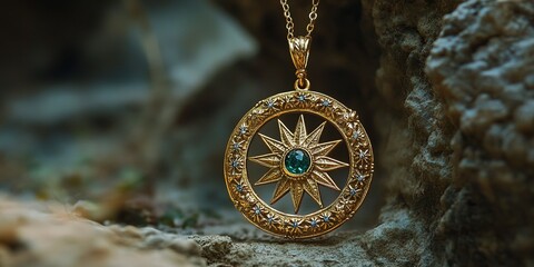 Poster - Gold compass pendant with intricate design and green gemstone displayed on natural rock surface